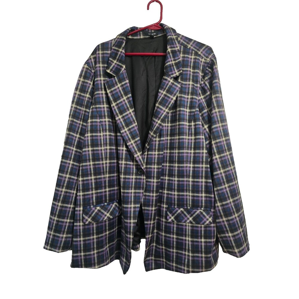 Torrid Plaid Blazer Jacket Womens 5/5X Purple Black One Button Academia NWOT